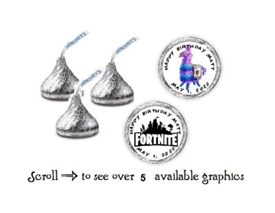 108 Personalized Fortnite Gaming Birthday Hershey Kiss Candy Labels Wrappers - Image 1 of 3