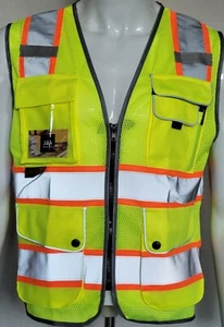 FX Class2 Hi-Vis Reflective Safety Vests with 6 Pockets and Zipper Front Green. - Picture 1 of 6