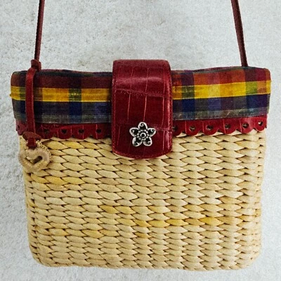 Bolso de Hombro BRIGHTON Natural Tejido Paja Madras Cuadros Seda Rojo Cocodrilo Repujado Foto 1 de 4