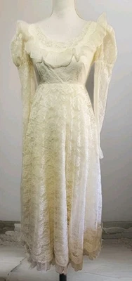 Vtg 1960s Union Made Wedding Dress XS Ivory Lace Long Sleeve Bridal Gown Train - Image 1 of 4