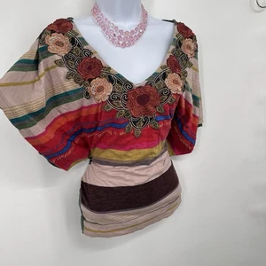 Desigual Damen mehrfarbig gestreift Bohemian gefüttert Bluse Top T-Shirt Gr. L - Bild 1 von 8