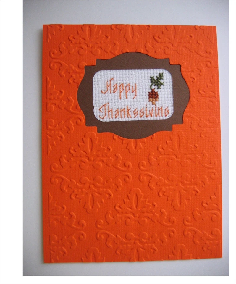 Tarjeta de felicitación hecha a mano punto de cruz terminada feliz acción de gracias Foto 1 de 1