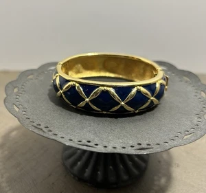 Vintage Joan Rivers Gold tone Hinged Bangle Bracelet Blue Enamel - Picture 1 of 6