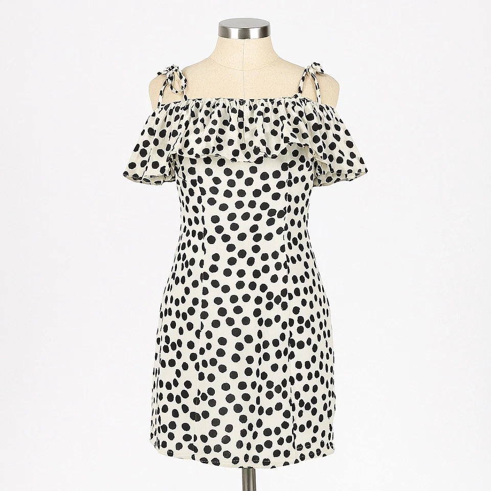 Женское мини-платье Topshop 4 белое черное в горошек галстук через плечо с оборками декольте - Изображение 1 из 4