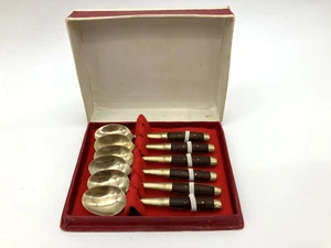 Set of 6 Vintage Small Brass & Wood Spoons in Original Box - Foto 1 di 7