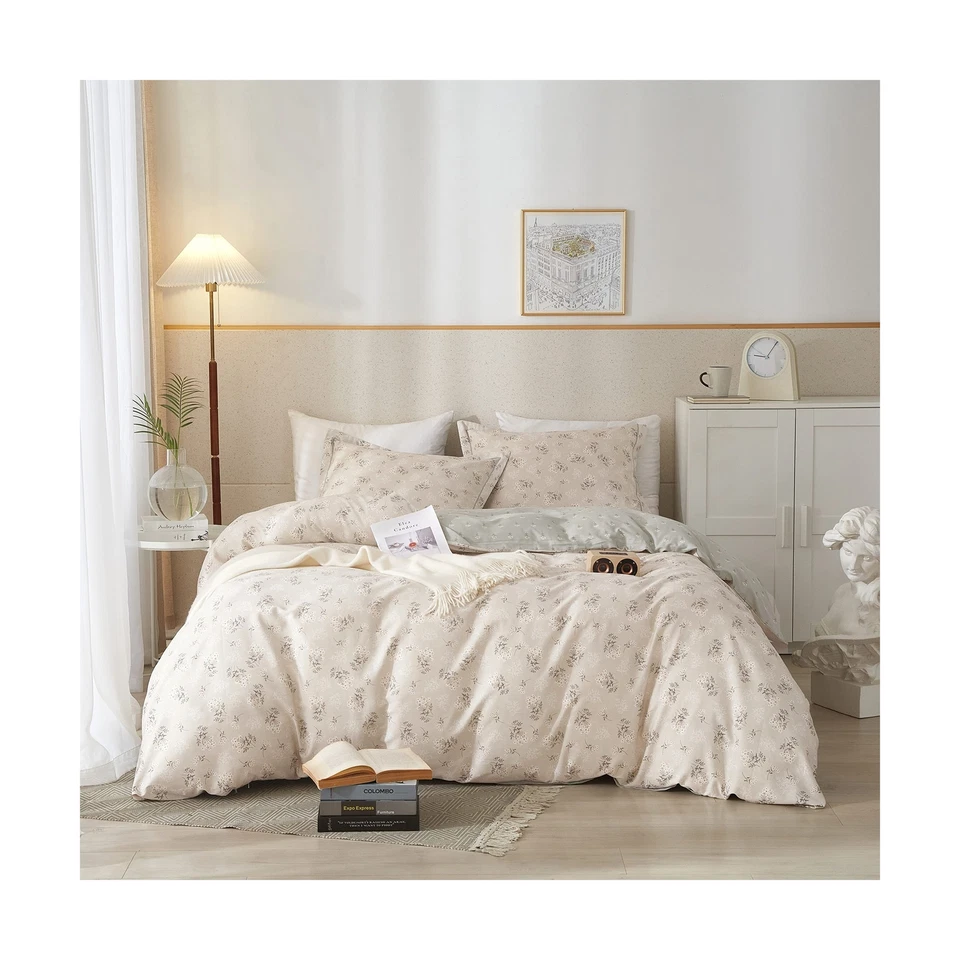 HIGHBUY Fresh Floral Print Cotton Bedding Set Queen Reversible Garden Comforter