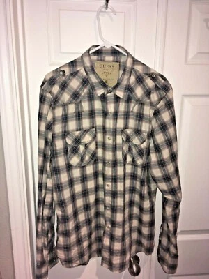 Mens Guess Casual Button Down Western Shirt Embroidered Snap Brown Plaid XL - Image 1 of 4