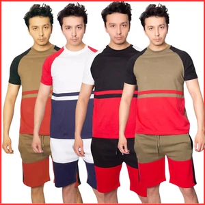 Men's Shorts Set Mens Stripped Multicolour Short Sleeve tracksuit Set (2254) - Picture 1 of 14