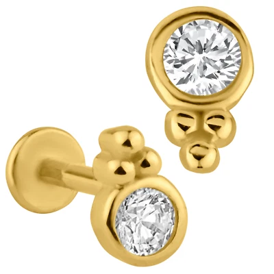 Bisel redondo único de circón de oro macizo de 14k con racimo de tres cuentas rosca interna Foto 1 de 3