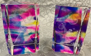 3-D Etched Crystal with Colorful Backdrop: One Angel, One Fairy playing a flute - Picture 1 of 9