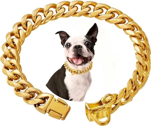 Stainless Steel Silver Gold Dog Collars with Safety Buckle Lock,18K Cuban Link C - Picture 1 of 7