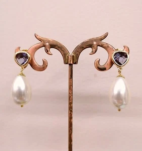 Orecchini Cabochon Cristallo Viola E Perla A Goccia - Foto 1 di 1