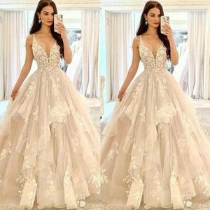 V Neck Lace Wedding Dresses A Line Spaghetti Appliques Ruffles Tulle Bridal Gown - Picture 1 of 6