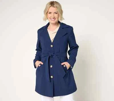 Новый Dennis Basso 2 X водостойкий плащ с капюшоном в темно-синий QVC 2947 - Изображение 1 из 4