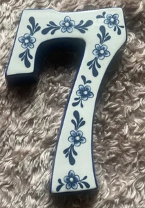 Ceramic Plaque Hand Painted  “Number 7" Delft White&Blue Floral 5" - Picture 1 of 7