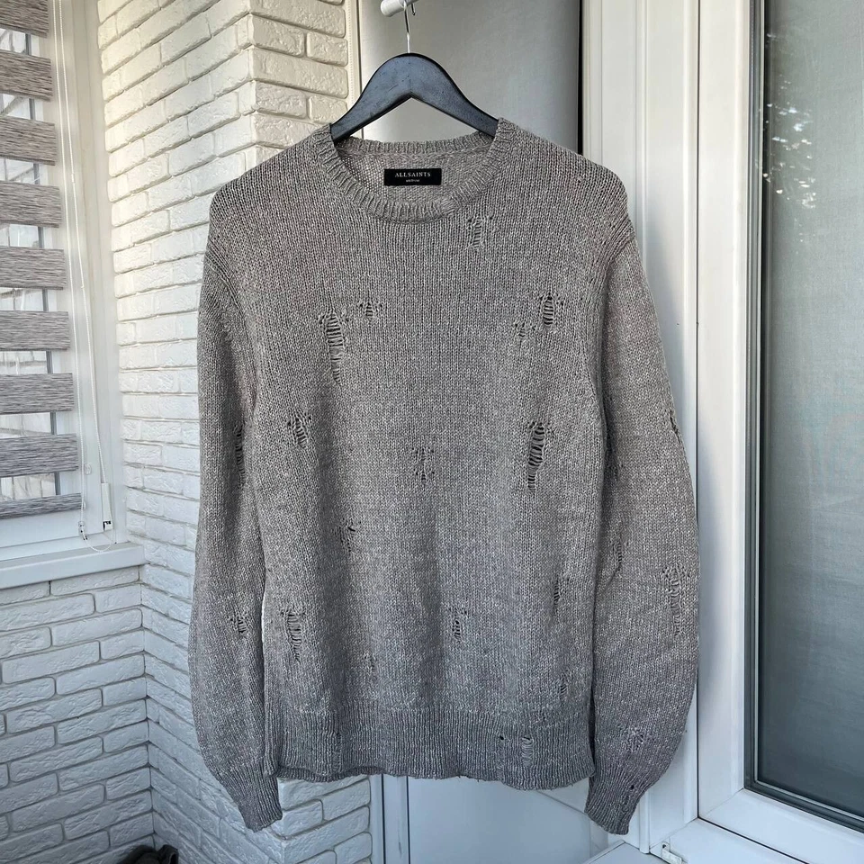 Allsaints Sweater Knit Distressed Wool Blend Knit Grey Mens Size M - Image 1 of 4