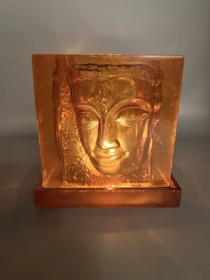 Vintage Amber Carved Buddha Faces Square Tealight Candleholder Embossed 5.5x5.5” - Image 1 of 4