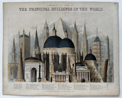 Tabla de comparación de edificios principales del mundo 1850 Reynolds coloreada a mano impresión rara Foto 1 de 4