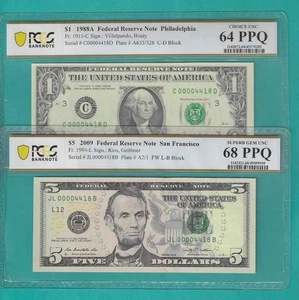 $1 and $5 2X Matching LOW Serial Number 4 Digit 00004418 PCGS Graded 68/64PPQ - Picture 1 of 2