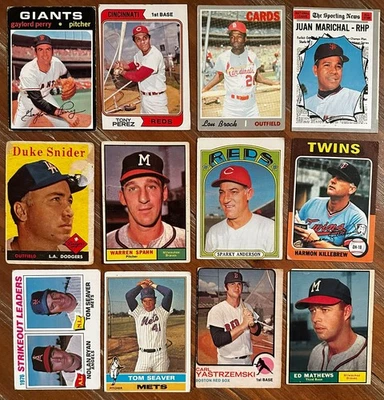 Lote de 12 tarjetas de béisbol MLB de colección todos los HOFers BAJA CALIDAD/POBRE 1958-1977 ¡MIRA! Foto 1 de 4