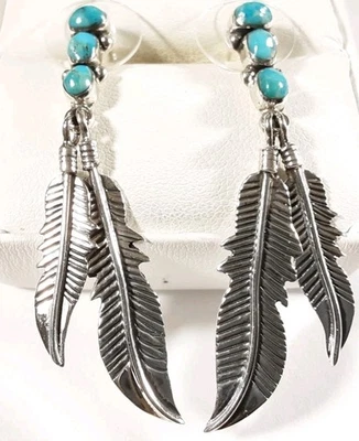 925 СТЕРЛИНГОВОГО СЕРЕБРА ГРАВИРОВАННЫЕ ПЕРЬЯ БИРЮЗА 2 «X 1/2» СЕРЬГИ 5,6 г - Изображение 1 из 4