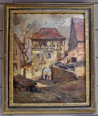 M. Lappe 1936 pintura al óleo sobre lienzo de pueblo europeo - enmarcada 26,5"X 17,25" Foto 1 de 4