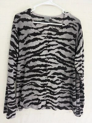 Ann Taylor Suéter Lana XL Cárdigan Botón Delantero Largo Gris Negro Animal Print Foto 1 de 4