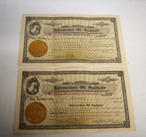 2 Underwriters Oil Syndicate Stock Certificate July 24, 1913 - Picture 1 of 4