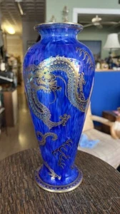 Antique Wedgwood Fairyland Lustre Tall Celestial Dragon Vase Deep Blue and Gold - Picture 1 of 11