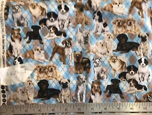 David Textiles Puppy Dogs on Blue Plaid Argyle Cotton Fabric 1.625 Yards