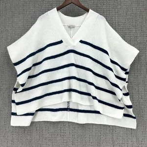 Loft Poncho Sweater Womens Size XS White Navy Blue Pullover Knit Stripe V-Neck - Picture 1 of 9