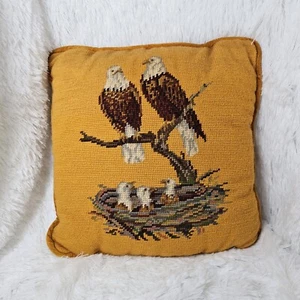 Vintage Bald Eagle Family Needlepoint Petit Point Pillow Gold Velvet Americana - Picture 1 of 9