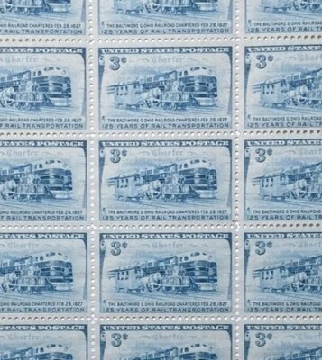 B&O Railroad Issue US Scott 1006 Mint Sheet of 50 3c Stamps Issued 1952. - Image 1 of 2