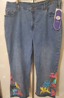 Pantalones de mezclilla recortados bordados elásticos bordados adornados DG2 Diane Gilman 16 W nuevos con etiquetas Foto 1 de 4