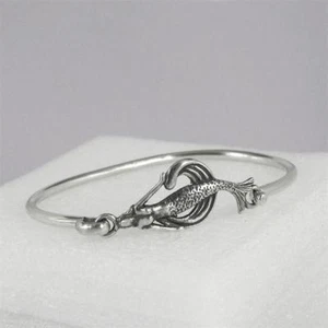 Mermaid on Wave Cuff Bracelet Solid 0.925 Sterling Silver Made in USA - Picture 1 of 1