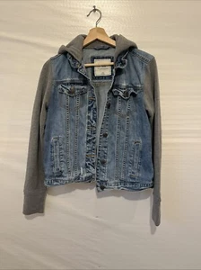 Abercrombie & Fitch 2 in 1 Denim Hoodie Jacket Size M Medium Distressed Gray GUC - Picture 1 of 9