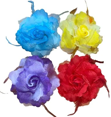 YELLOW/BLUE/ RED& PURPLE ORGANZA LILY LEAF & FEATHER BROOCH/CORSAGE OR HAIR CLIP - Image 1 of 2