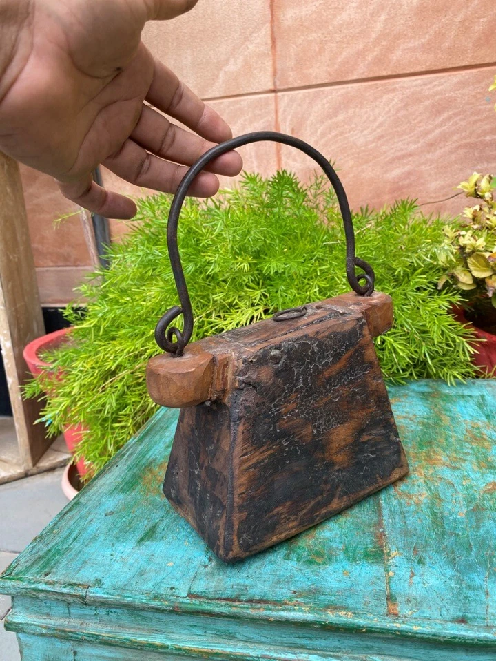 Ancient Oil Box Old Wooden Hand Carved Floral Design Iron Handle Oil Box Purse  - Image 1 of 4