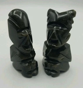 2 Vtg 3.5" Green Sheen Obsidian Aztec Mayan Inca Warrior God figure Carved Black - Picture 1 of 19