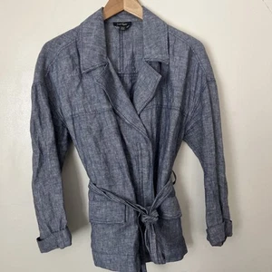 Lord & Taylor Blue Chambray 100% Linen Jacket Zip Moto Closure Belted Sz L Large - Picture 1 of 9