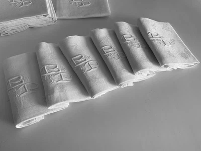 Linge Ancien 6 Serviettes De Mariage Damassé De Soie Monogramme B P - Photo 1/4