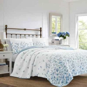 NEW ~ COZY CHIC SHABBY COUNTRY FRENCH BLUE WHITE FLORAL COTTAGE LEAF QUILT SET - Picture 1 of 4