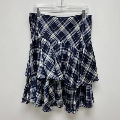 Lauren Ralph Lauren Women Blue Cream Tartan Ruffle Tiered Pull On A-Line Skirt M - Image 1 of 4