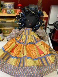 23” Vtg Folk Art Cloth Black Girl Doll Handmade Dress features African women - Picture 1 of 6