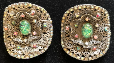 Clips para zapatos vintage Musi verde Auroa Boriasi Cabachon con pedrería 2 1/2" x 3" Foto 1 de 4