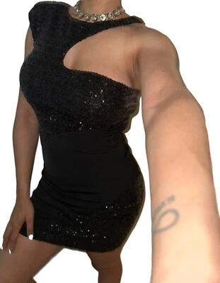 Vestido feminino Arden B tamanho S lantejoulas pretas cintilantes almofada de ombro recortada festa sexy - Imagem 1 de 4
