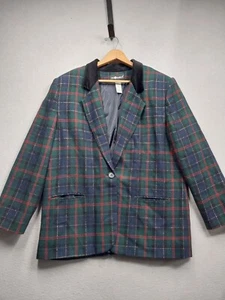 Sag Harbor Blazer Womens 18 Wool Plaid Black Red Green Jacket Office Casual Work - Picture 1 of 6