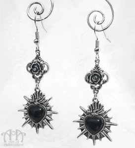 Punk Black SPIKED SACRED HEART EARRINGS Silver Gothic Rose Filigree Dangle Drop - Picture 1 of 2