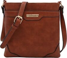 Women's Medium Size Solid Modern Classic Crossbody Bag with Gold Plate (Brown)