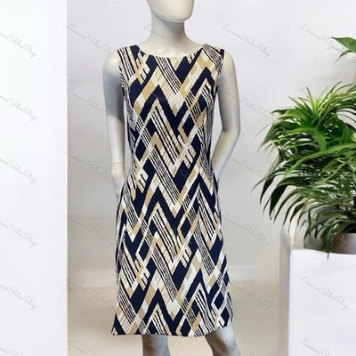 Vestido vaquero geométrico Connected Brand para mujer talla 12 azul marino blanco tostado Foto 1 de 3